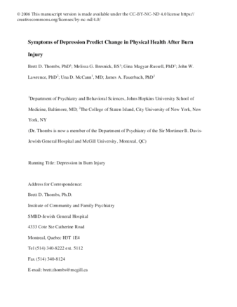 Symptoms of Depression Predict Change in Physical Health After Burn  Injury thumbnail