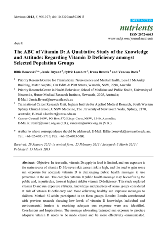 The ABC of Vitamin D: A Qualitative Study of the Knowledge and Attitudes Regarding Vitamin D Deficiency amongst Selected Population Groups thumbnail