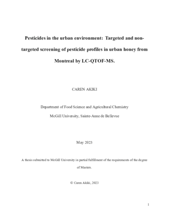 Pesticides in the urban environment:  Targeted and non-targeted screening of pesticide profiles in urban honey from Montreal by LC-QTOF-MS. thumbnail