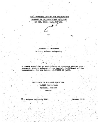 The liability regime for passenger's baggage in international carriage by air, road, rail and sea / thumbnail