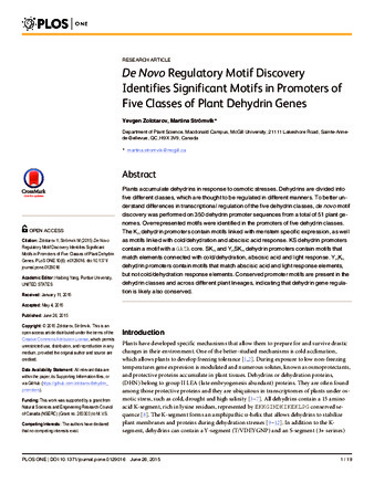 De Novo Regulatory Motif Discovery Identifies Significant Motifs in Promoters of Five Classes of Plant Dehydrin Genes thumbnail