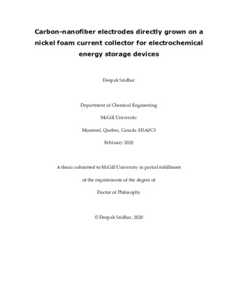 Carbon-nanofiber electrodes directly grown on a nickel foam current collector for electrochemical energy storage devices thumbnail