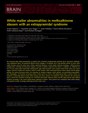 White matter abnormalities in methcathinone abusers with an extrapyramidal syndrome thumbnail