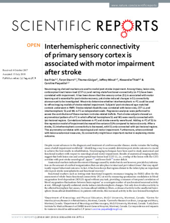 Interhemispheric connectivity of primary sensory cortex is associated with motor impairment after stroke thumbnail