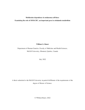 Methionine dependence in melanoma cell lines:  examining the role of MMACHC, an important gene in cobalamin metabolism thumbnail