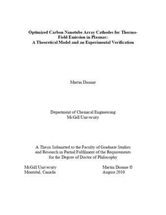 Optimized carbon nanotube array cathodes for thermo-field emission in plasmas: a theoretical model and an experimental verification thumbnail