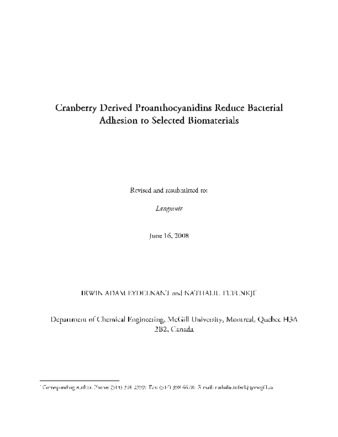 Cranberry derived proanthocyanidins reduce bacterial adhesion to selected biomaterials thumbnail