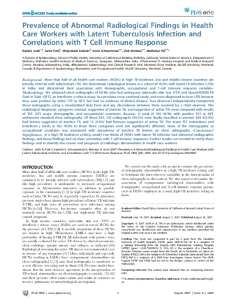 Prevalence of Abnormal Radiological Findings in Health Care Workers with Latent Tuberculosis Infection and Correlations with T Cell Immune Response thumbnail