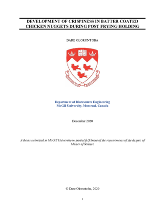 Development of crispiness in batter coated chicken nuggets during post frying holding thumbnail