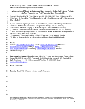 A comparison of muscle activation and knee mechanics during gait between patients with non-traumatic and post-traumatic knee osteoarthritis thumbnail