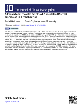 A translational rheostat for RFLAT-1 regulates RANTES expression in T lymphocytes thumbnail