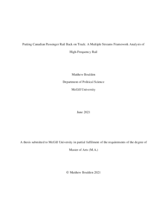 Putting Canadian passenger rail back on track: A multiple streams framework analysis of high-frequency rail thumbnail