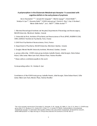 A polymorphism in the glutamate metabotropic receptor 7 is associated with cognitive deficits in the early phases of psychosis thumbnail