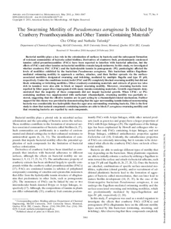 The Swarming Motility of Pseudomonas aeruginosa is Blocked by Cranberry Proanthocyanidins and Other Tannin-Containing Materials thumbnail