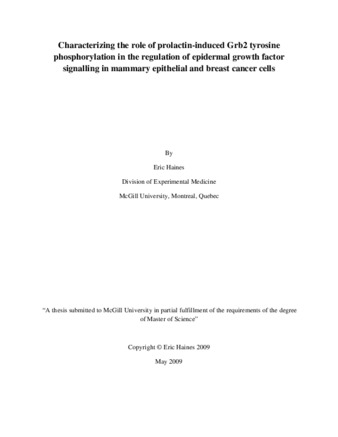 Characterizing the role of prolactin-induced tyrosine phosphorylation of Grb2 in the regulation of epidermal growth factor signalling in mammary epithelial and breast cancer cells thumbnail