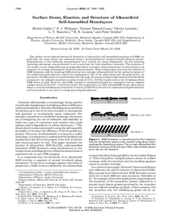 Surface Stress, Kinetics and Structure of Alkanethiol Self-Assembled Monolayer thumbnail