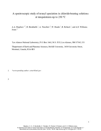 A spectroscopic study of uranyl speciation in chloride-bearing solutions at temperatures up to 250 degrees C. thumbnail