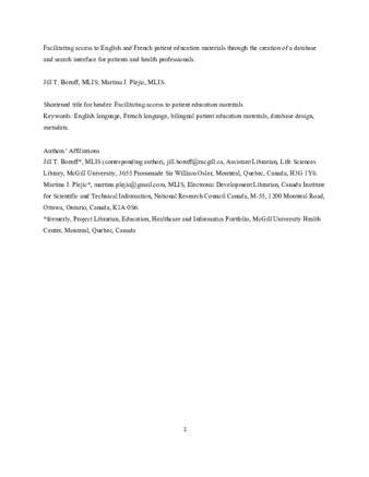 Facilitating access to English and French patient education materials through the creation of a databaseand search interface for patients and health professionals thumbnail