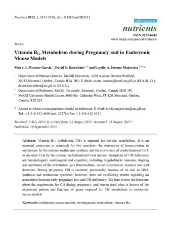 Vitamin B12 metabolism during pregnancy and in embryonic mouse models thumbnail