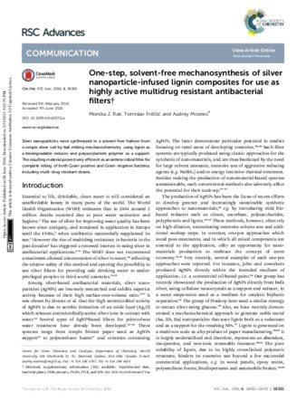 One-step, solvent-free mechanosynthesis of silver nanoparticle-infused lignin composites for use as highly active multidrug resistant antibacterial filters thumbnail