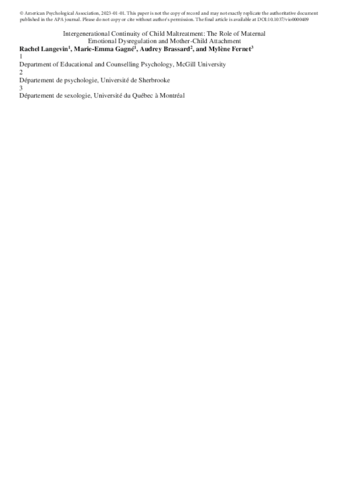 Intergenerational continuity of child maltreatment: The role of maternal emotional dysregulation and mother–child attachment. thumbnail