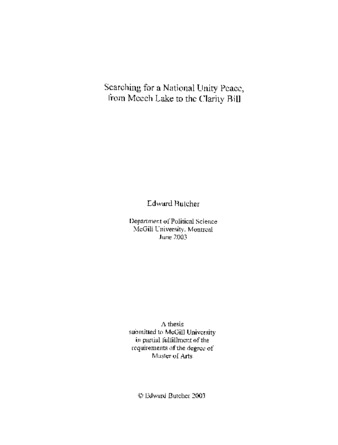 Searching for a national unity peace, from Meech Lake to the Clarity Bill thumbnail
