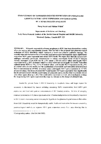 Enhancement of tamoxifen-induced suppression of insulin-like growth factor I gene expression and serum level by a somatostatin analogue thumbnail