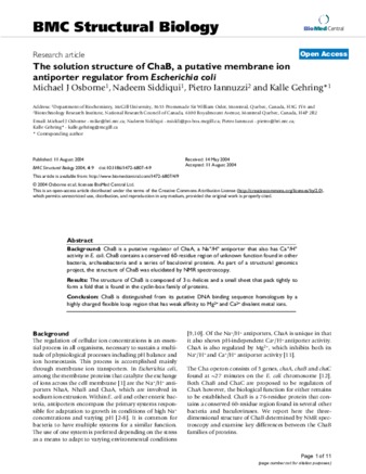 The solution structure of ChaB, a putative membrane ion antiporter regulator from Escherichia coli thumbnail