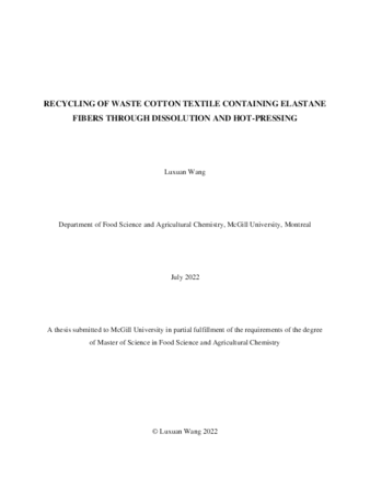 Recycling of waste textile containing cotton and elastane fibers through dissolution and hot-pressing thumbnail