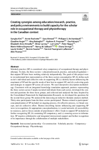 Creating synergies among education/research, practice, and policy environments to build capacity for the scholar role in occupational therapy and physiotherapy in the Canadian context thumbnail