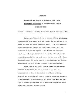 Studies on the release of materials from living tetrahymena pyriformis GL on exposure to various inorganic media. thumbnail