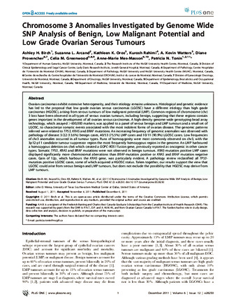 Chromosome 3 Anomalies Investigated by Genome Wide SNP Analysis of Benign, Low Malignant Potential and Low Grade Ovarian Serous Tumours thumbnail