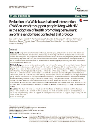 Evaluation of a Web-based tailored intervention (TAVIE en santé) to support people living with HIV in the adoption of health promoting behaviours: an online randomized controlled trial protocol thumbnail