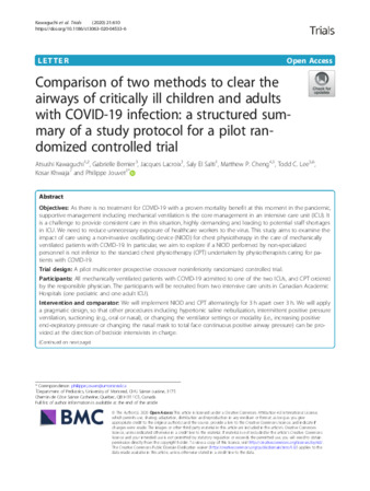 Comparison of two methods to clear the airways of critically ill children and adults with COVID-19 infection: a structured summary of a study protocol for a pilot randomized controlled trial thumbnail