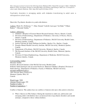Psychiatric disorders in emerging adults with diabetes transitioning to adult care: A retrospective cohort study thumbnail