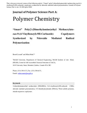 “Smart” Poly(2-(Dimethylamino)ethyl Methacrylate-ran-9-(4-Vinylbenzyl)-9H-Carbazole) Copolymers Synthesized by Nitroxide Mediated Radical Polymerization thumbnail