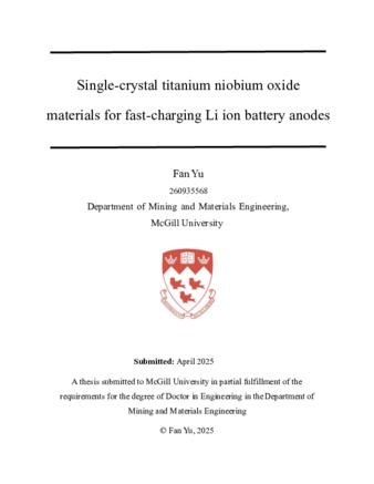 Single-crystal titanium niobium oxide materials for fast-charging Li ion battery anodes thumbnail