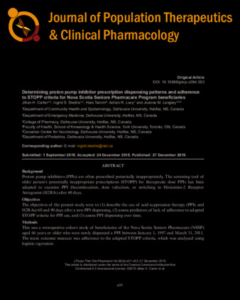 Determining proton pump inhibitor prescription dispensing patterns and adherence to STOPP criteria for Nova Scotia Seniors Pharmacare Program beneficiaries thumbnail