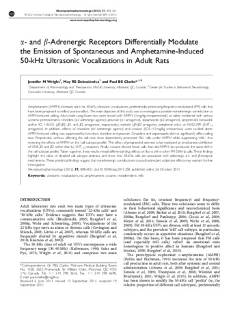 Alpha- and beta-adrenergic receptors differentially modulate the emission of spontaneous and amphetamine-induced 50-kHz ultrasonic vocalizations in adult rats thumbnail