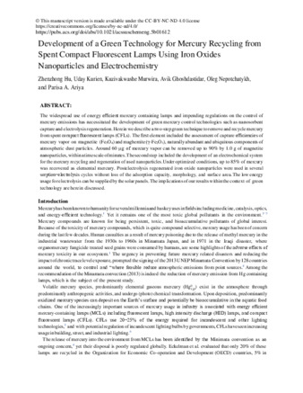 Development of a Green Technology for Mercury Recycling from Spent Compact Fluorescent Lamps Using Iron Oxides Nanoparticles and Electrochemistry thumbnail