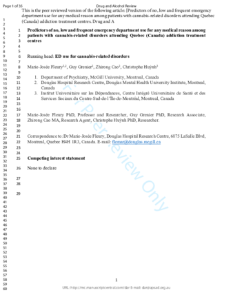 Predictors of no, low and frequent emergency department use for any medical reason among patients with cannabis-related disorders attending Quebec (Canada) addiction treatment centres thumbnail