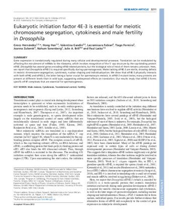 Eukaryotic initiation factor 4E-3 is essential for meiotic chromosome segregation, cytokinesis and male fertility in Drosophila thumbnail