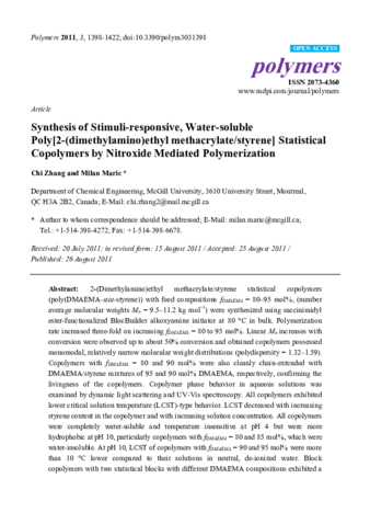 Synthesis of Stimuli-responsive, Water-soluble Poly[2-(dimethylamino)ethyl methacrylate/styrene] Statistical Copolymers by Nitroxide Mediated Polymerization thumbnail