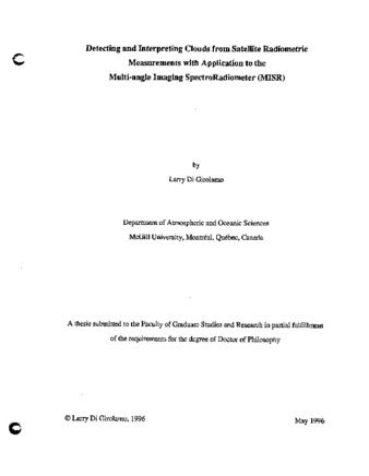 Detecting and Interpreting Clouds from Satellite Radiometric Measurements with Application to the Multi-angle Imaging SpectroRadiometer (MISR) thumbnail