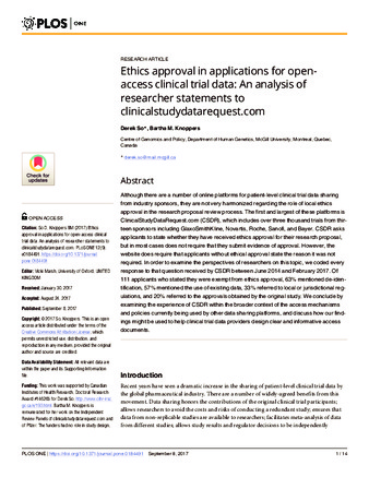 Ethics approval in applications for openaccess clinical trial data: An analysis of researcher statements to clinicalstudydatarequest.com thumbnail