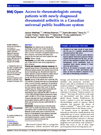 Access to rheumatologists among patients with newly diagnosed rheumatoid arthritis in a Canadian universal public health care system thumbnail