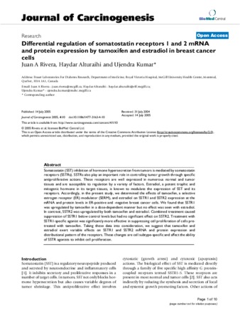 Differential regulation of somatostatin receptors 1 and 2 mRNA and protein expression by tamoxifen and estradiol in breast cancer cells thumbnail