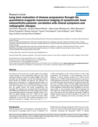 Long term evaluation of disease progression through the quantitative magnetic resonance imaging of symptomatic knee osteoarthritis patients: correlation with clinical symptoms and radiographic changes thumbnail