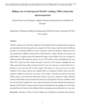 Sliding wear of cold sprayed Ti6Al4V coatings: Effect of porosity and normal load thumbnail