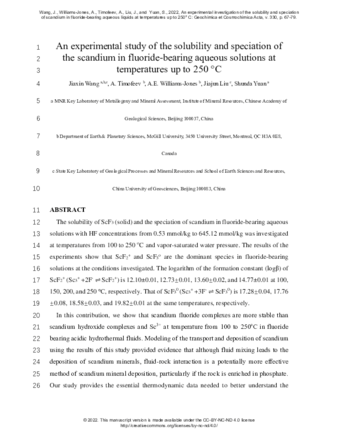 An experimental investigation of the solubility and speciation of scandium in fluoride-bearing aqueous liquids at temperatures up to 250 °C thumbnail